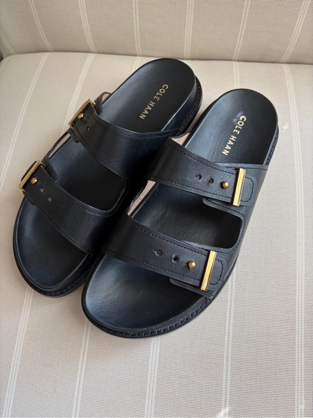 Cole Haan Black Leather Double-Strap Sandals with Gold Buckle Accents